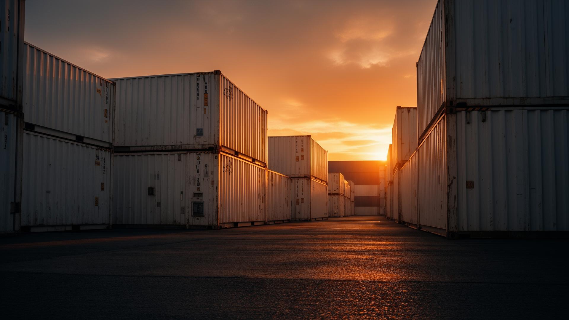 Pátio de contêineres refrigerados ao pôr do sol